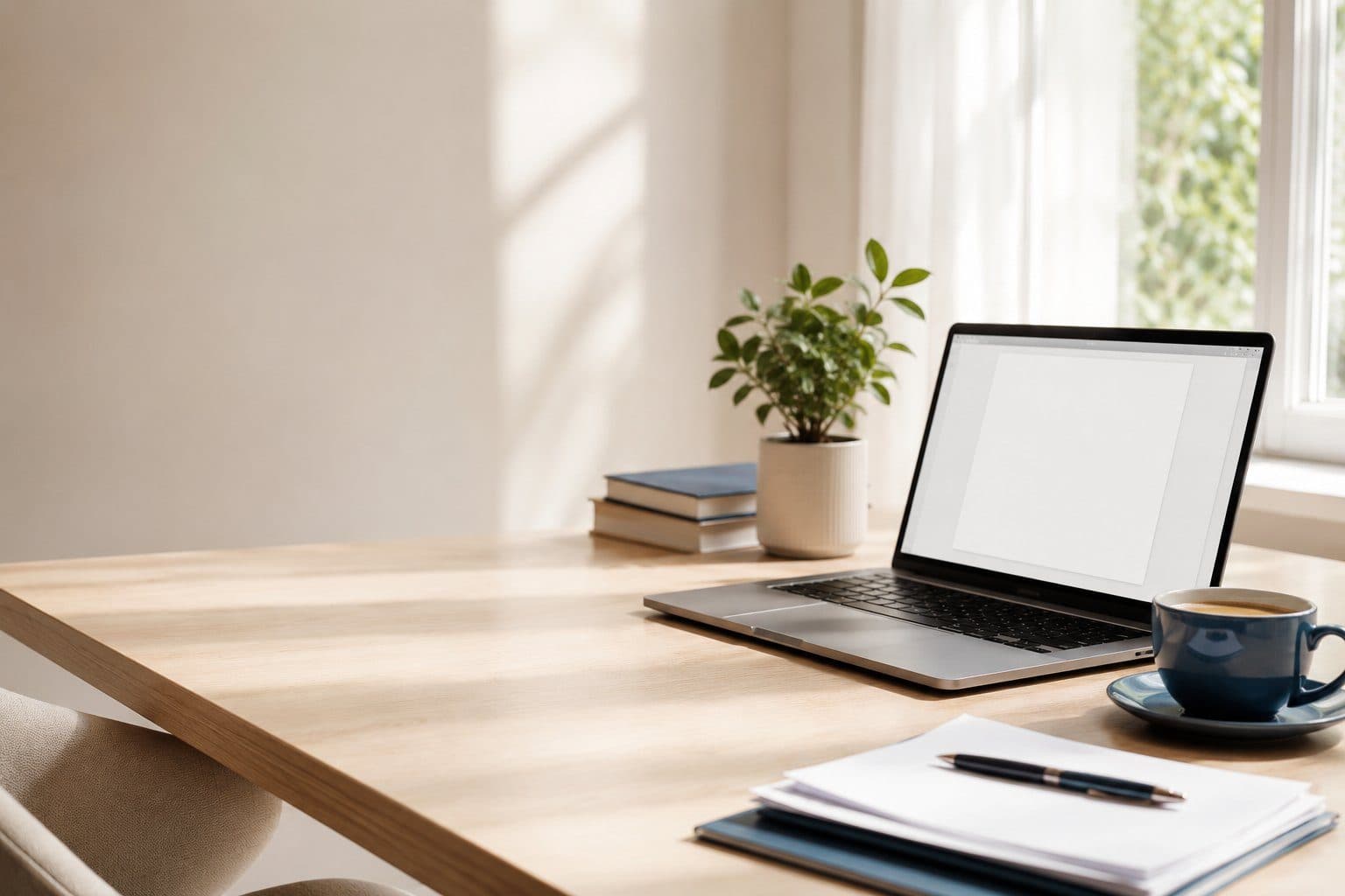 Aufgeräumter Schreibtisch mit Laptop, vorbereiteten Bewerbungsunterlagen und Kaffee am Fenster